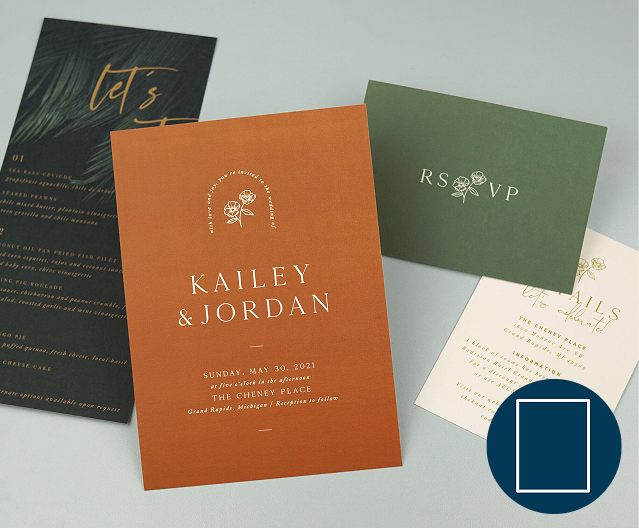 Flat Cards in black, green, and a burnt orange and cream of various sizes.