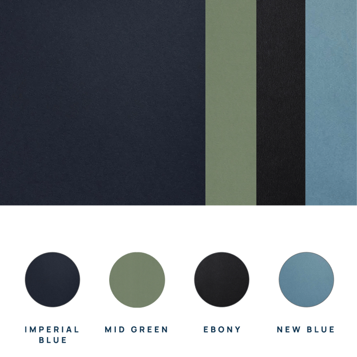 Color swatches showing imperial blue, mid green, ebony, and new blue